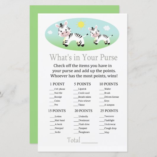 Zebra Wat zit er in je handtas baby shower (Voorkant / Achterkant)