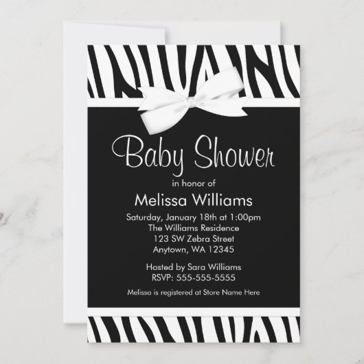 Zebra White Printed Bow Baby shower Invitation Kaart (Voorkant)