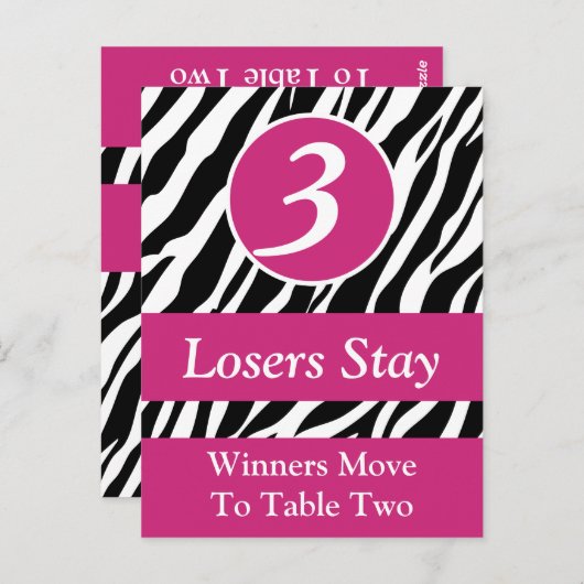 Zebra Wild Animal Print Bunco Tafelnummer Kaart #3 (Voorkant / Achterkant)