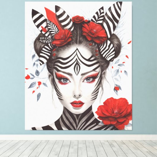 Zebra Woman - Bekroonde Pop Art Canvas Afdruk (Insitu (Houten vloer))