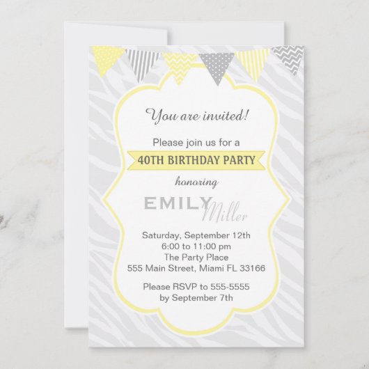 Zebra Yellow Grey 40th Birthday Party Invitation Kaart (Voorkant)