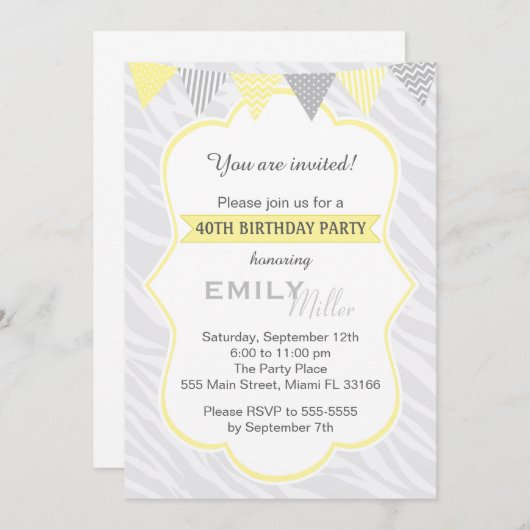 Zebra Yellow Grey 40th Birthday Party Invitation Kaart (Voorkant / Achterkant)