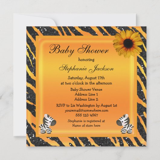 Zebra, Zonnebloem Dierendruk Glitter Baby shower Kaart (Achterkant)