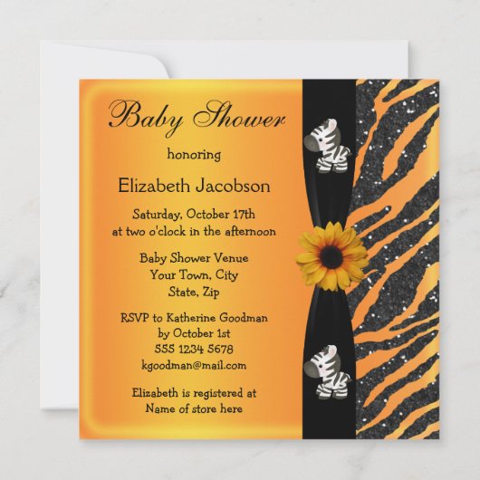 Zebra, Zonnebloem Dierendruk Glitter Baby shower Kaart (Achterkant)
