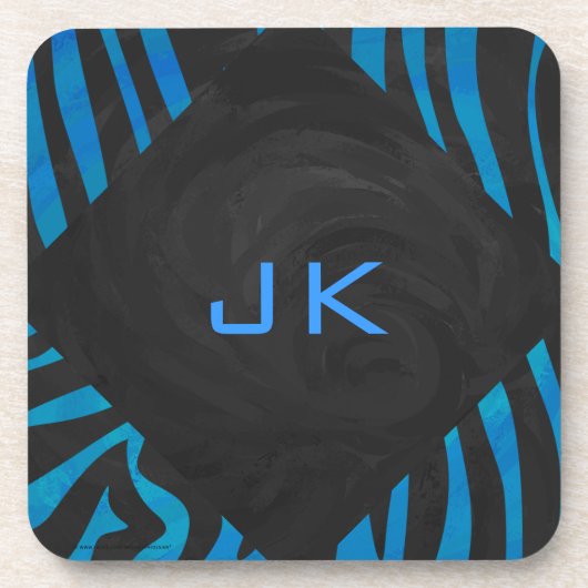 Zebra zwart en blauw met monogram bier onderzetter (Voorkant)