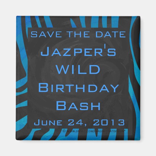 Zebra zwart en blauw met monogram magneet (Voorkant)