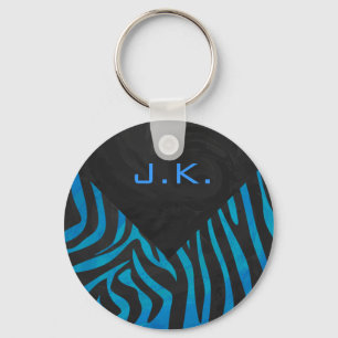 Zebra zwart en blauw met monogram sleutelhanger