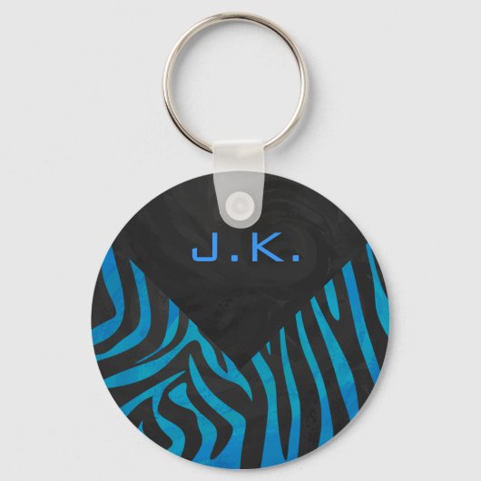 Zebra zwart en blauw met monogram sleutelhanger (Voorkant)