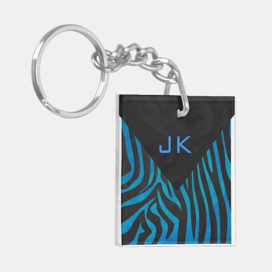 Zebra zwart en blauw met monogram sleutelhanger (Voorkant Links)