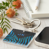 Zebra zwart en blauw met monogram sleutelhanger (Voorkant Rechts)