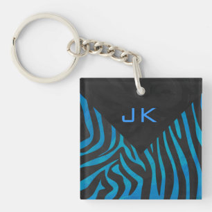 Zebra zwart en blauw met monogram sleutelhanger