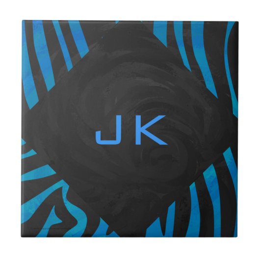 Zebra zwart en blauw met monogram tegeltje (Voorkant)