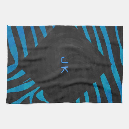 Zebra zwart en blauw met monogram theedoek (Horizontaal)