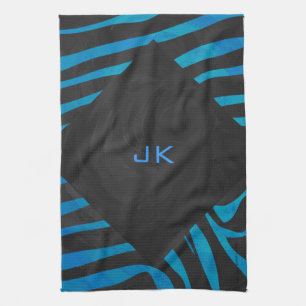 Zebra Zwart en Blauw met Monogram Theedoek