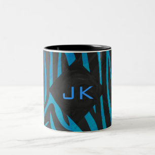 Zebra zwart en blauw met monogram tweekleurige koffiemok