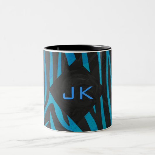 Zebra zwart en blauw met monogram tweekleurige koffiemok (Center)