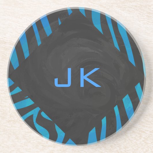 Zebra zwart en blauw met monogram zandsteen onderzetter (Voorkant)