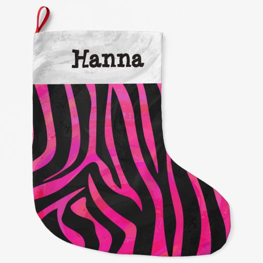 Zebra zwart en heet roze print grote kerstsok (Voorkant)