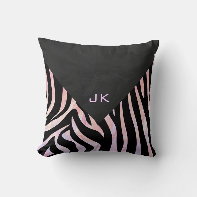Zebra Zwart en Roze Monogram Kussen (Voorkant)