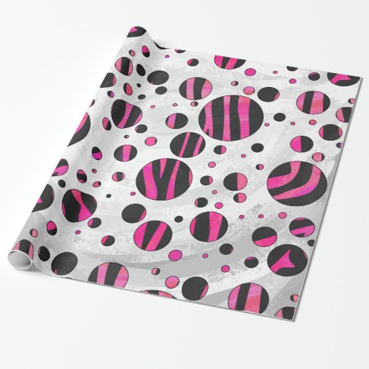 Zebra zwart en warm roze Piloka Dot Cadeaupapier (Uitgerold)