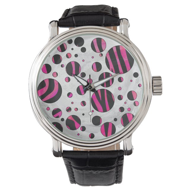 Zebra zwart en warm roze Piloka Dot Horloge (Voorkant)