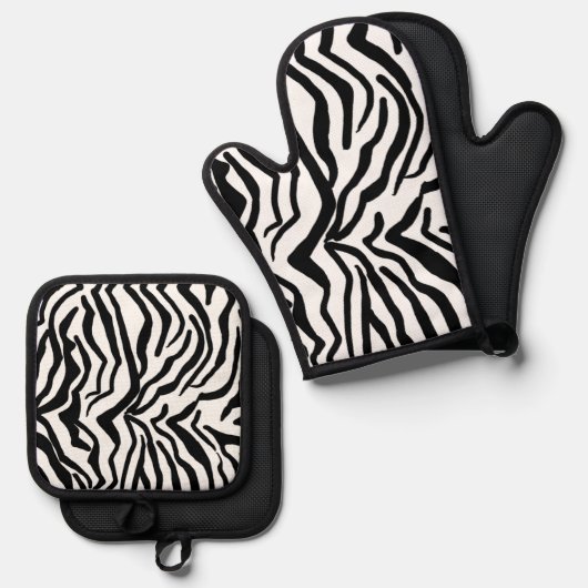 Zebra, zwart en wit, roodkleurig patroon verbergen ovenwant & pannenlap set (Voorkant / Achterkant)