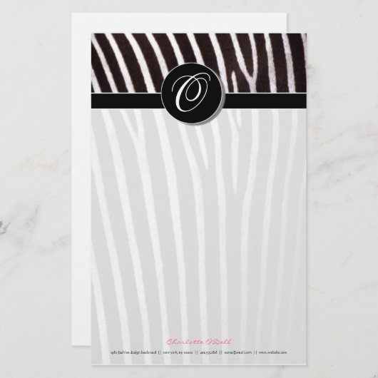 zebra; zwart monogram briefpapier (Voorkant / Achterkant)