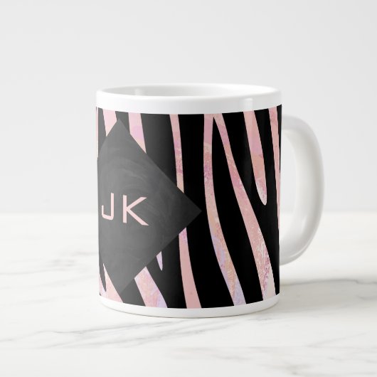 Zebra zwart-roze monogram grote koffiekop (Voorkant rechts)