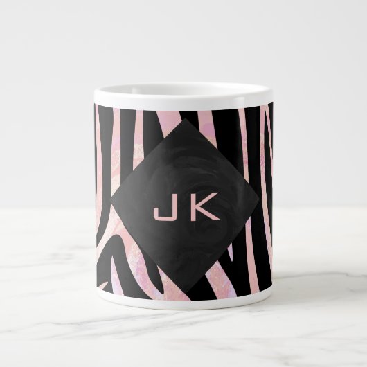 Zebra zwart-roze monogram grote koffiekop (Voorkant)