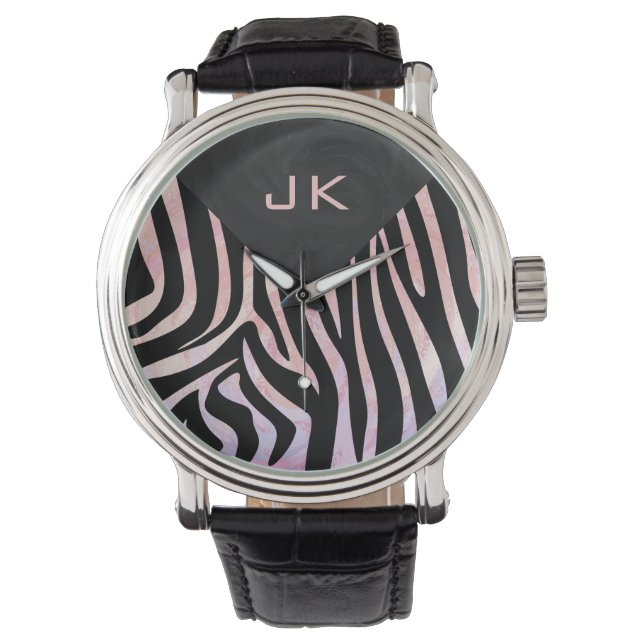 Zebra zwart-roze monogram horloge (Voorkant)