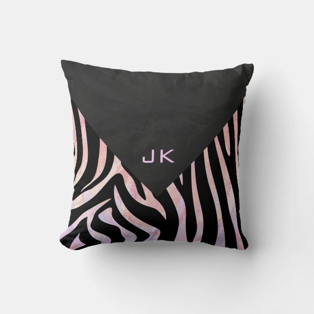 Zebra zwart-roze monogram kussen (Voorkant)