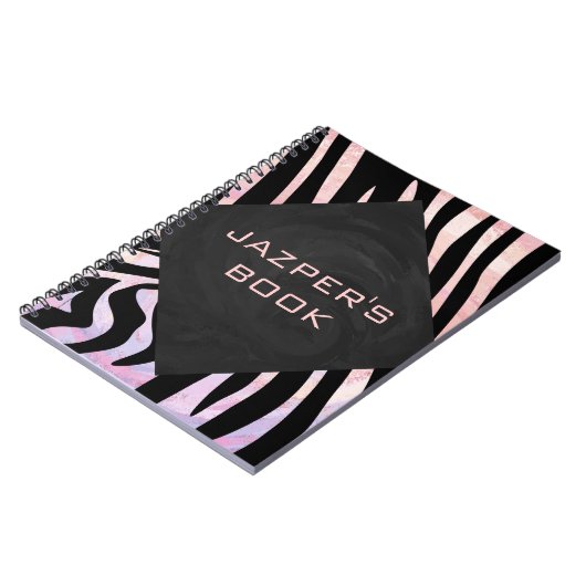 Zebra zwart-roze monogram notitieboek (Linkerzijde)