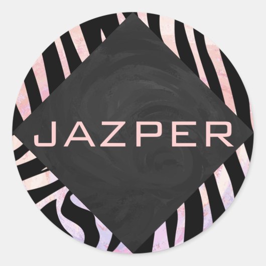 Zebra zwart-roze monogram ronde sticker (Voorkant)