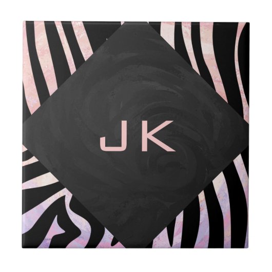 Zebra zwart-roze monogram tegeltje (Voorkant)