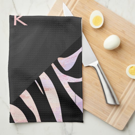 Zebra zwart-roze monogram theedoek (Quarter Fold)
