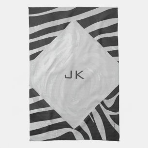 Zebra zwart-wit en lichtgrijs monogram theedoek