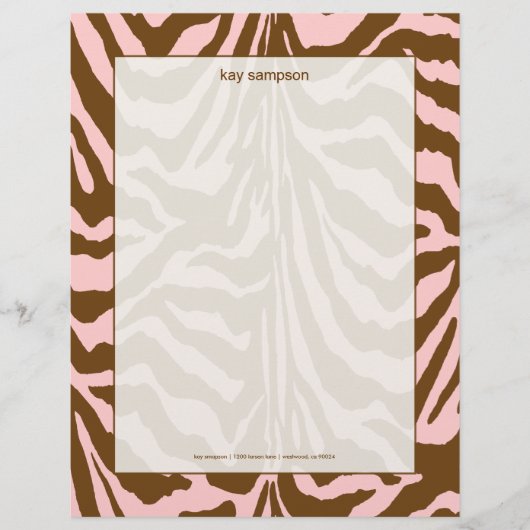 Zebraafdruk, chocolade + roze persoonlijk briefhoofd (Voorkant)