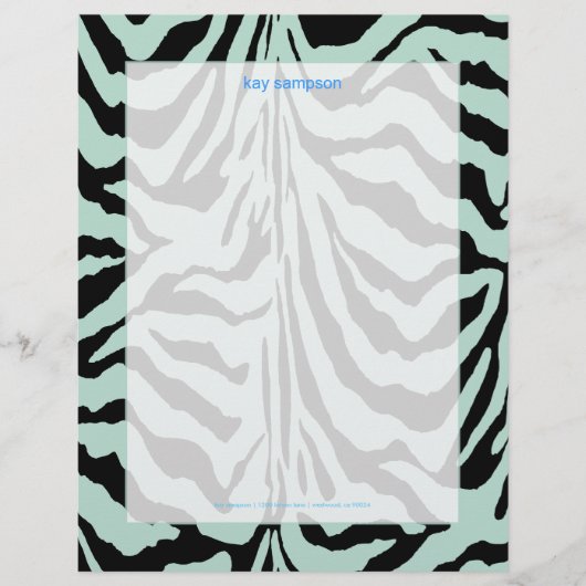 Zebraafdruk, retrokleuren babyblauw + zwart gepersonaliseerd briefhoofd (Voorkant)