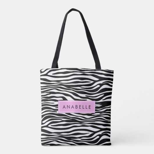 Zebradruk, Zebra, zwart-wit, Jouw naam Tote Bag (Achterkant)