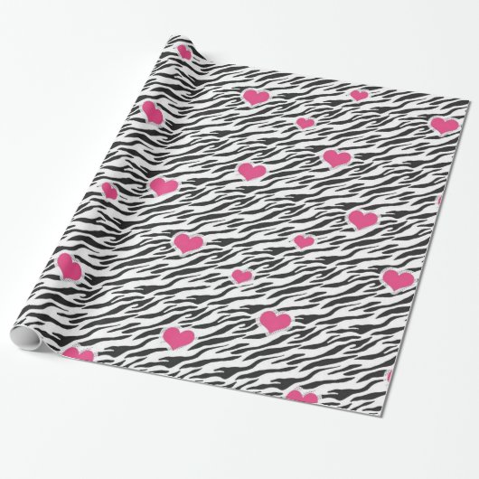 Zebrapatroon en roze hartenpapier cadeaupapier (Uitgerold)