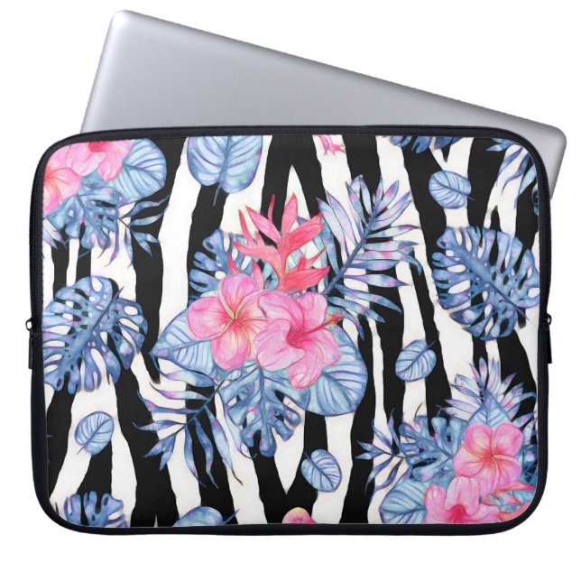 Zebrapatroon met tropische hibiscus en vlammen laptop sleeve (Voorkant)