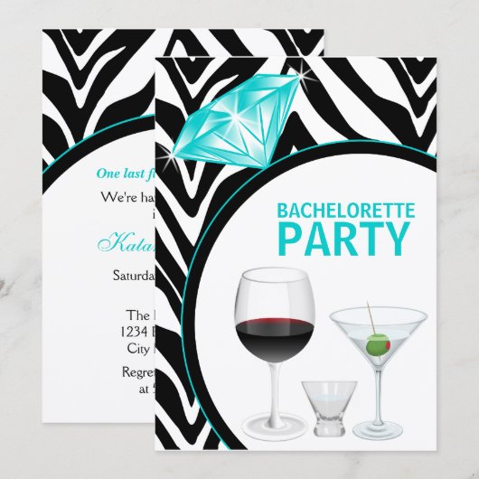 Zebraprint & diamanten vrijgezellenfeest kaart (Voorkant / Achterkant)
