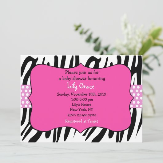 Zebraprint hotroze babyshower uitnodigingen (Staand voorkant)