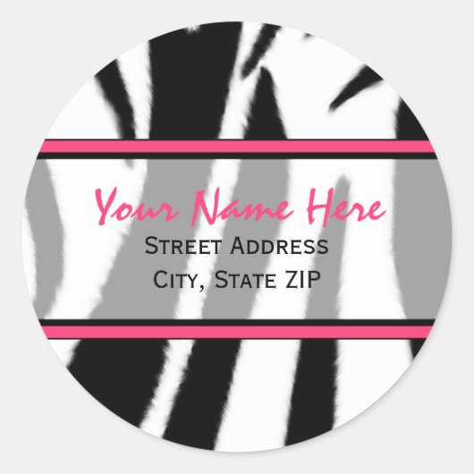 Zebraprint met roze Adresetiketten Ronde Sticker (Voorkant)