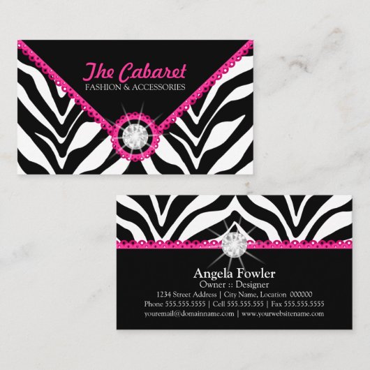 Zebraprint Roze Kant en Diamant Visitekaartje (Voorkant / Achterkant)
