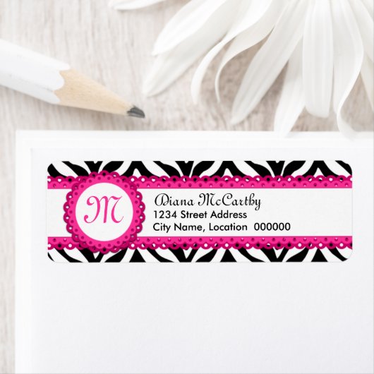 Zebraprint & roze kant monogram etiket (Insitu)