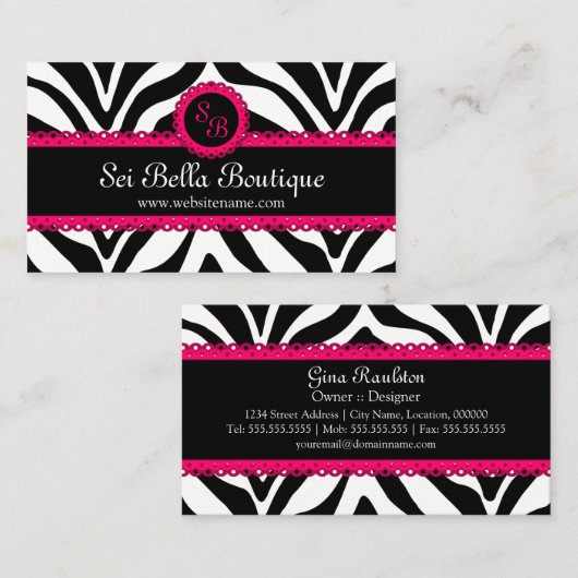Zebraprint & Roze Kant Monogram Visitekaartje (Voorkant / Achterkant)
