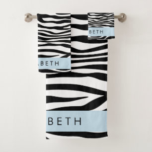 Zebraprint, strepen, zwart-wit, Jouw naam Bad Handdoek