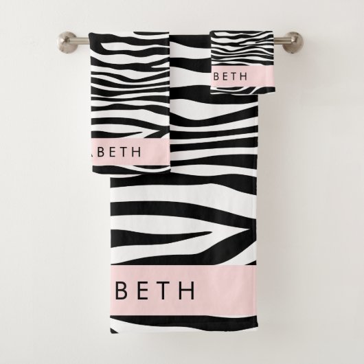 Zebraprint, strepen, zwart-wit, Jouw naam Bad Handdoek (Insitu)
