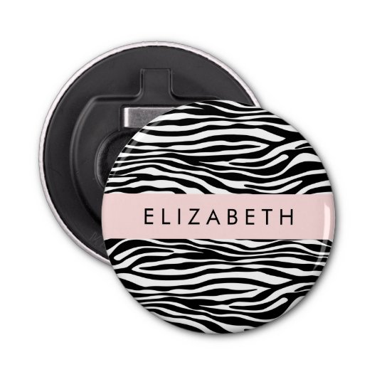 Zebraprint, strepen, zwart-wit, Jouw naam Button Flesopener (Voorkant)